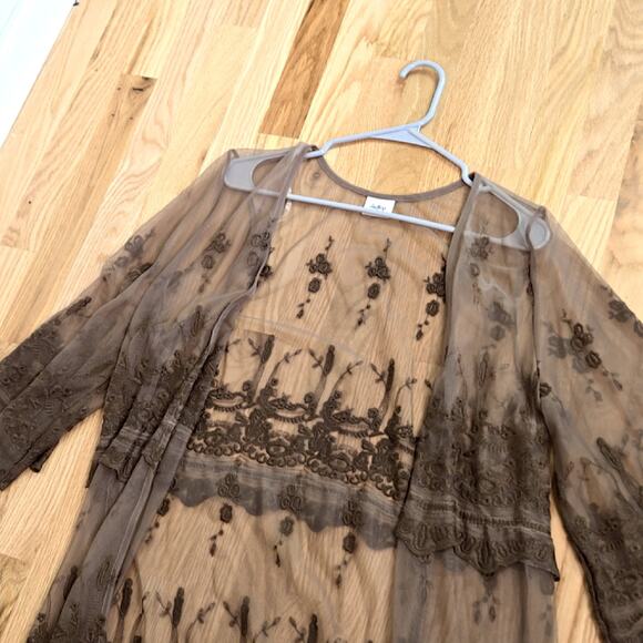 Daytrip Brown Lace Mesh Bohemian Embroidered Bohemian Flowy Open Cardigan M - Picture 4 of 7